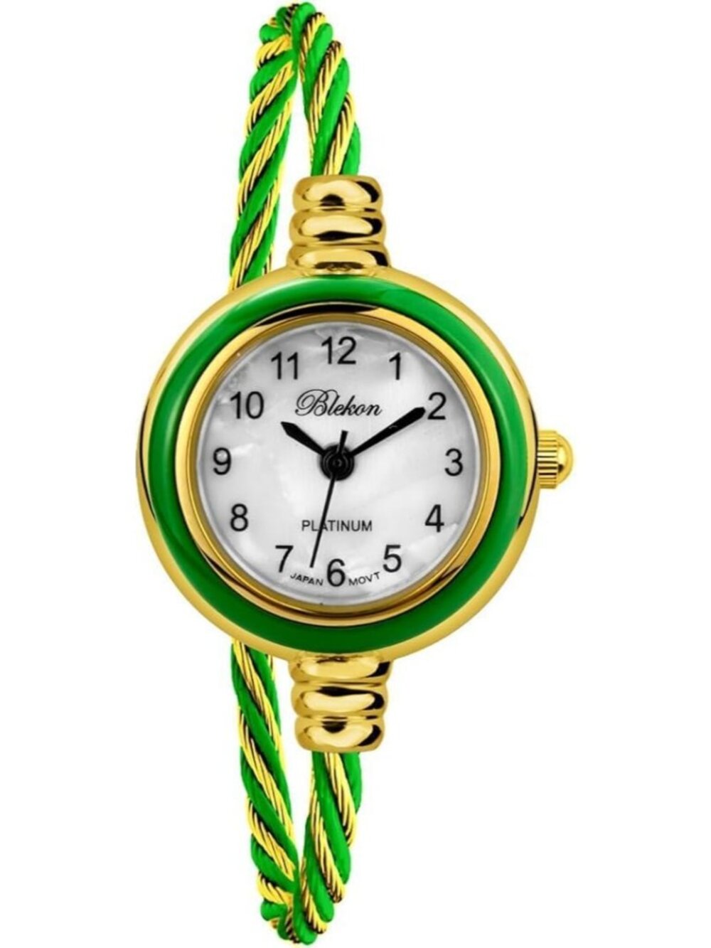 Women's Gold And Green Analog Elegant Cable Cuff Arabic Numbers Bracelet Watch
